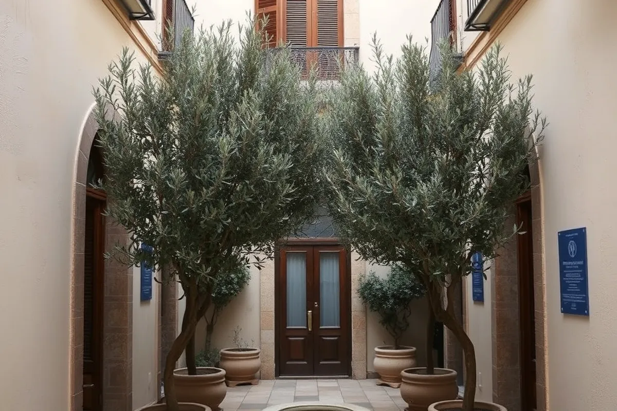 A calm double room in a small European townhouse hotel.
